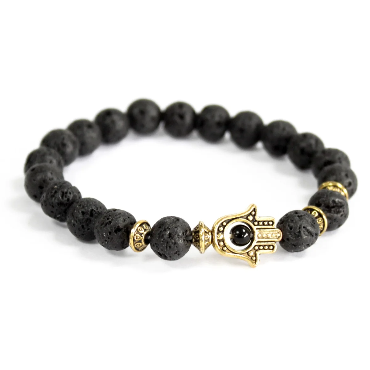 Gold bracelet showcasing a hamsa symbol with embedded lava stone detailing – stylish hamsa jewellery