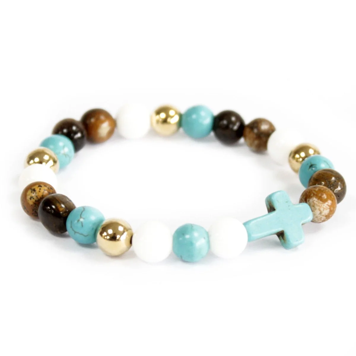 Turquoise bead bracelet featuring a turquoise cross charm and royal beads, displayed on a neutral background.