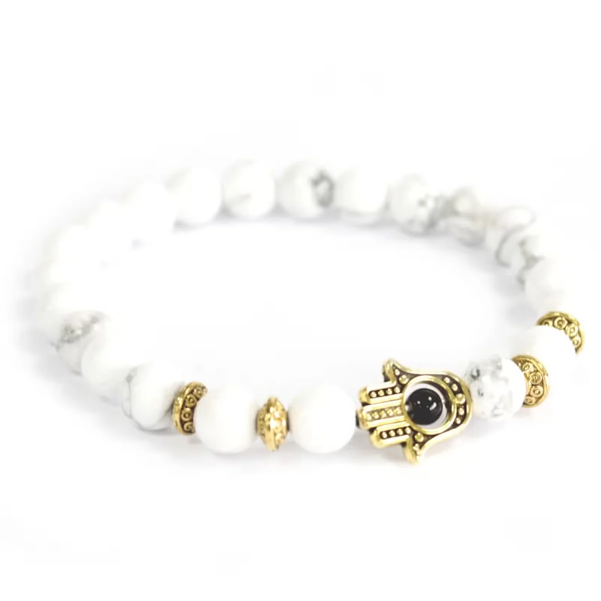 Gold hamsa gemstone bracelet with white stone detailing
