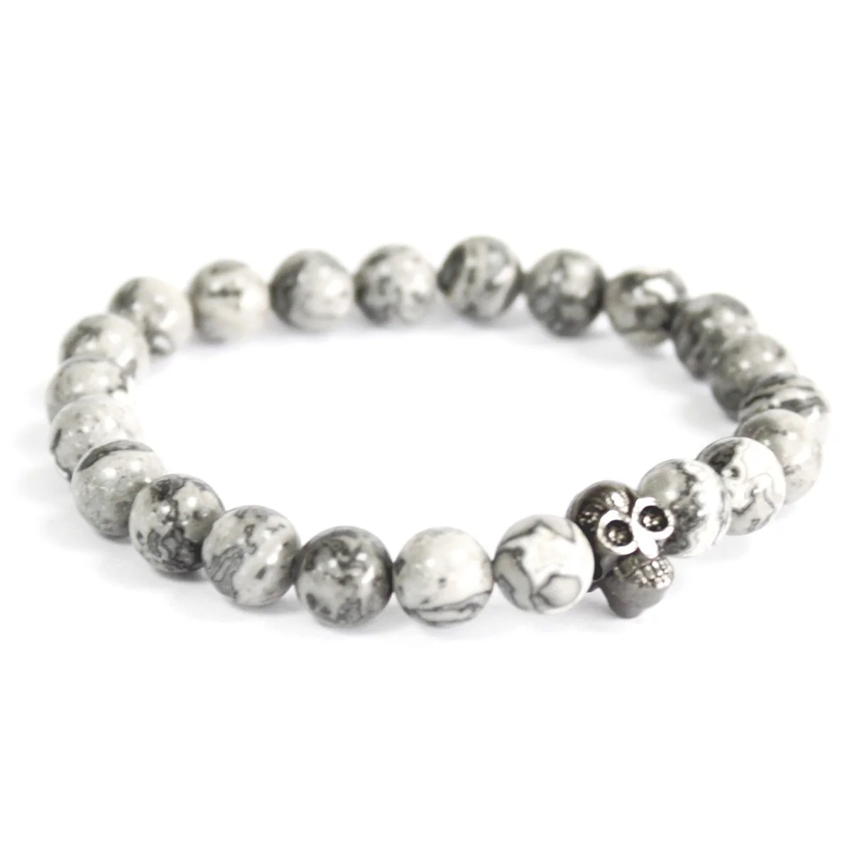Pewter skull bracelet with grey agate beads, pendant, worn on a wrist