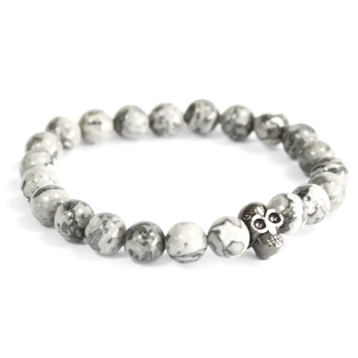 Pewter skull charm on a grey agate bracelet.