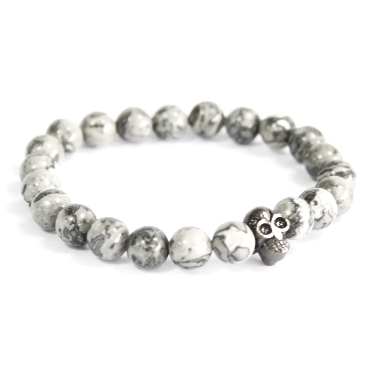 Pewter jewellery bracelet featuring a skull charm and a grey agate stone