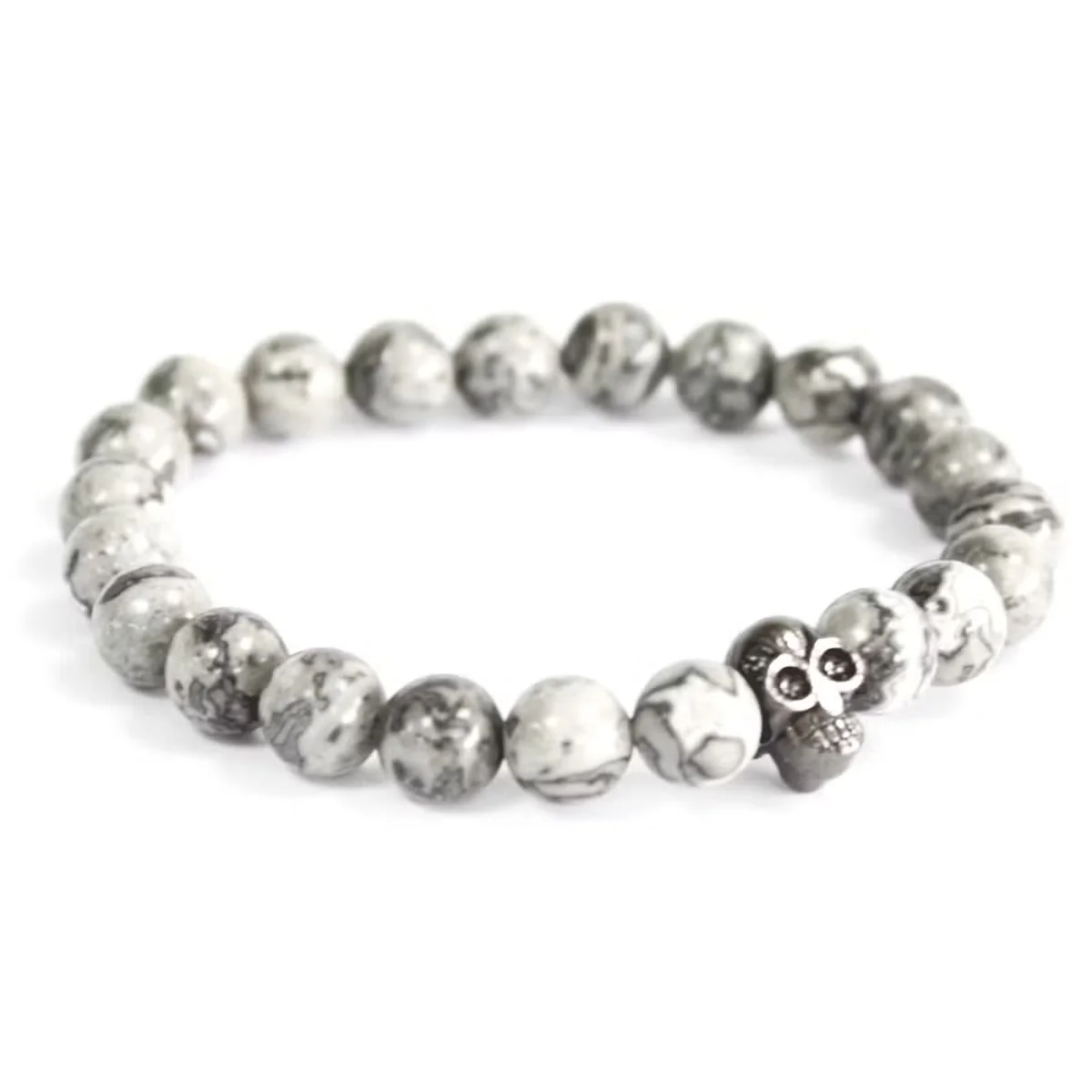 Pewter skull and grey agate gemstone on a stylish skull bracelet