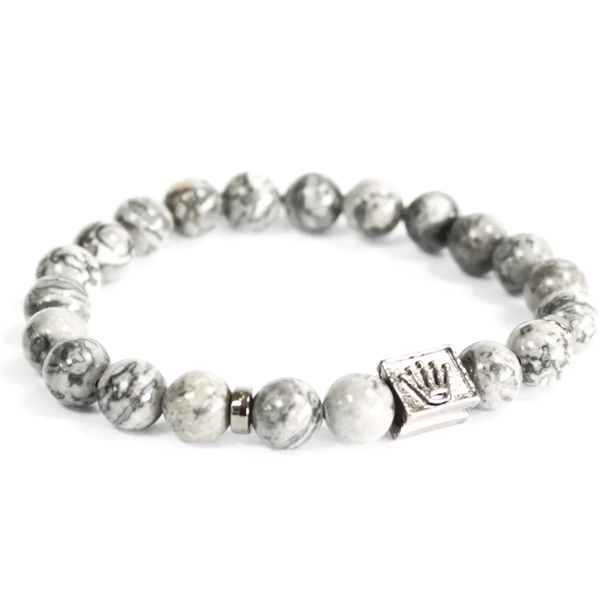 Crown ingot bracelet featuring grey agate gemstones on a metal band.
