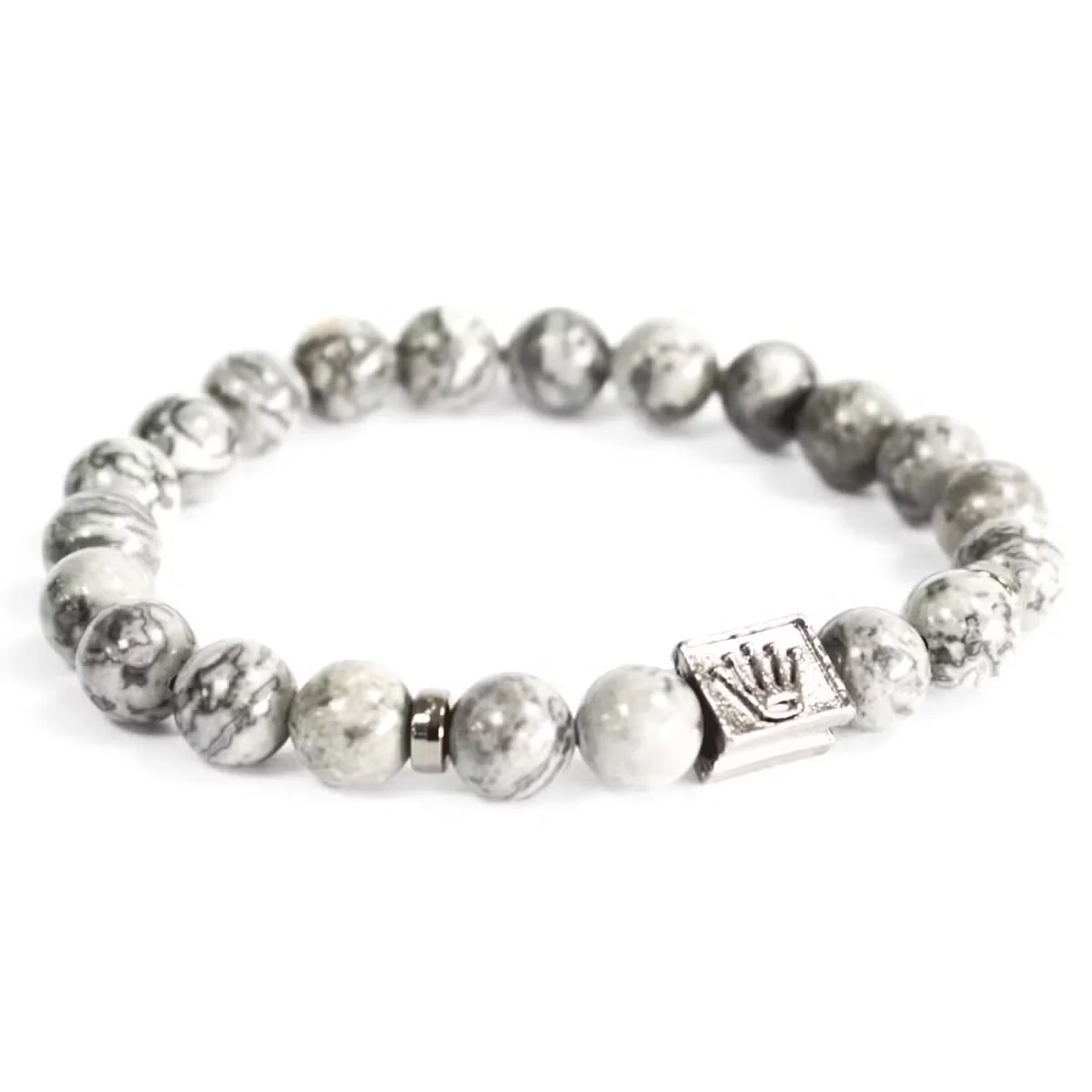 Crown Ingot gemstone bracelet with a polished grey agates bracelet on a delicate chain.