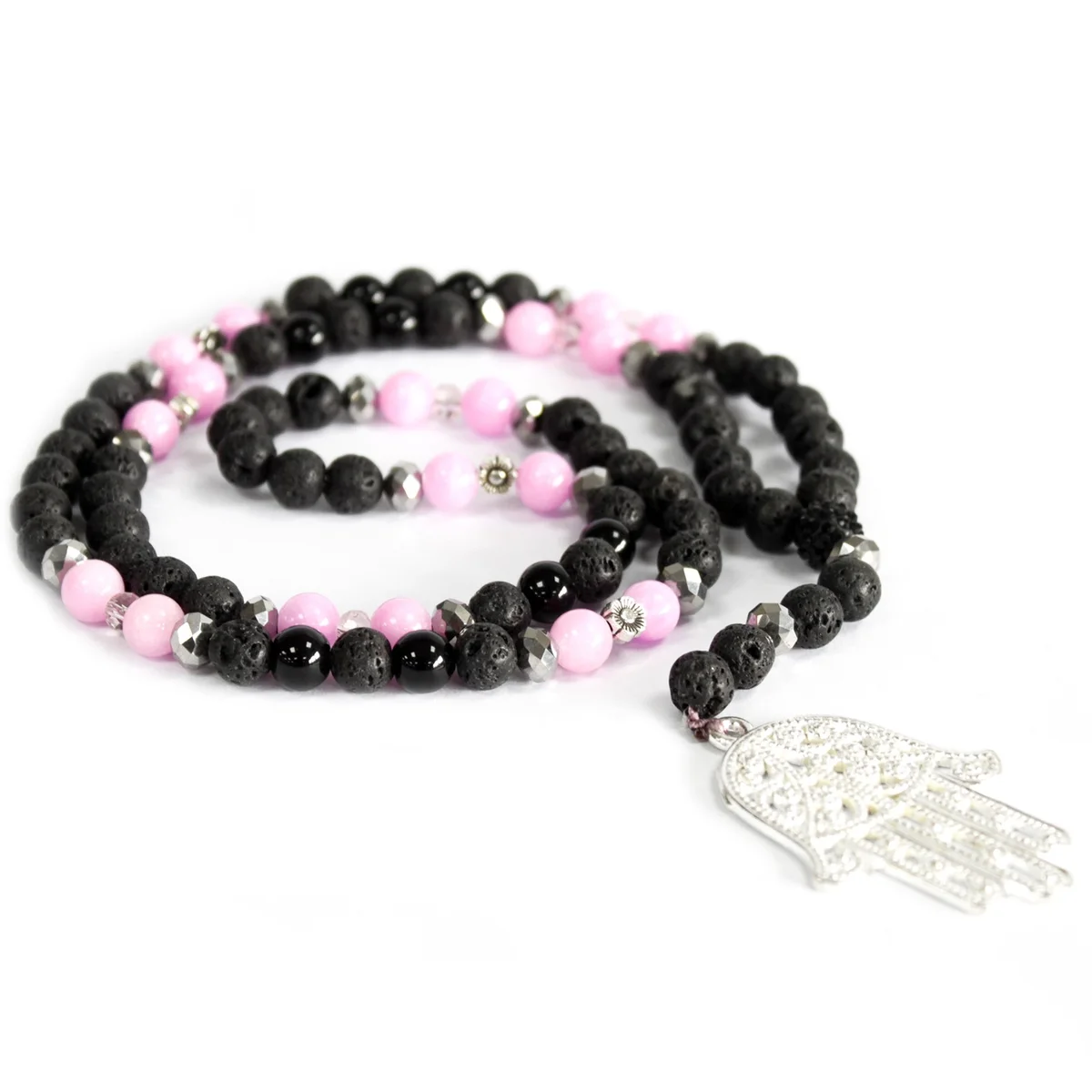 Black gemstone necklace featuring a hamsa charm in pink and black tones.