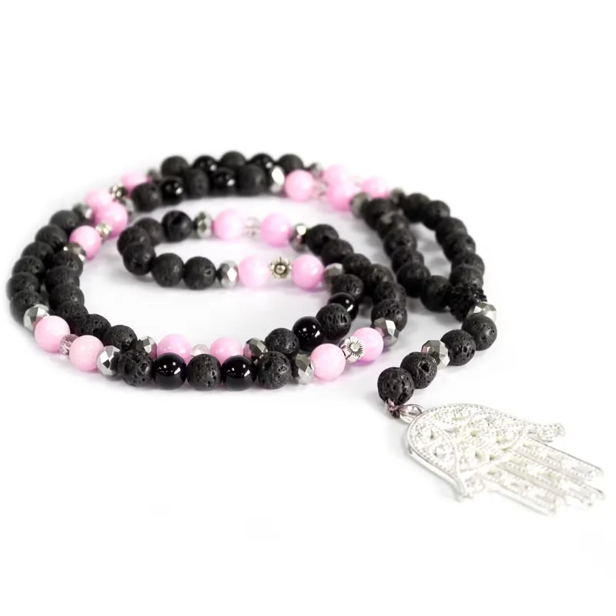 Pink and black gemstone hamsa jewellery necklace
