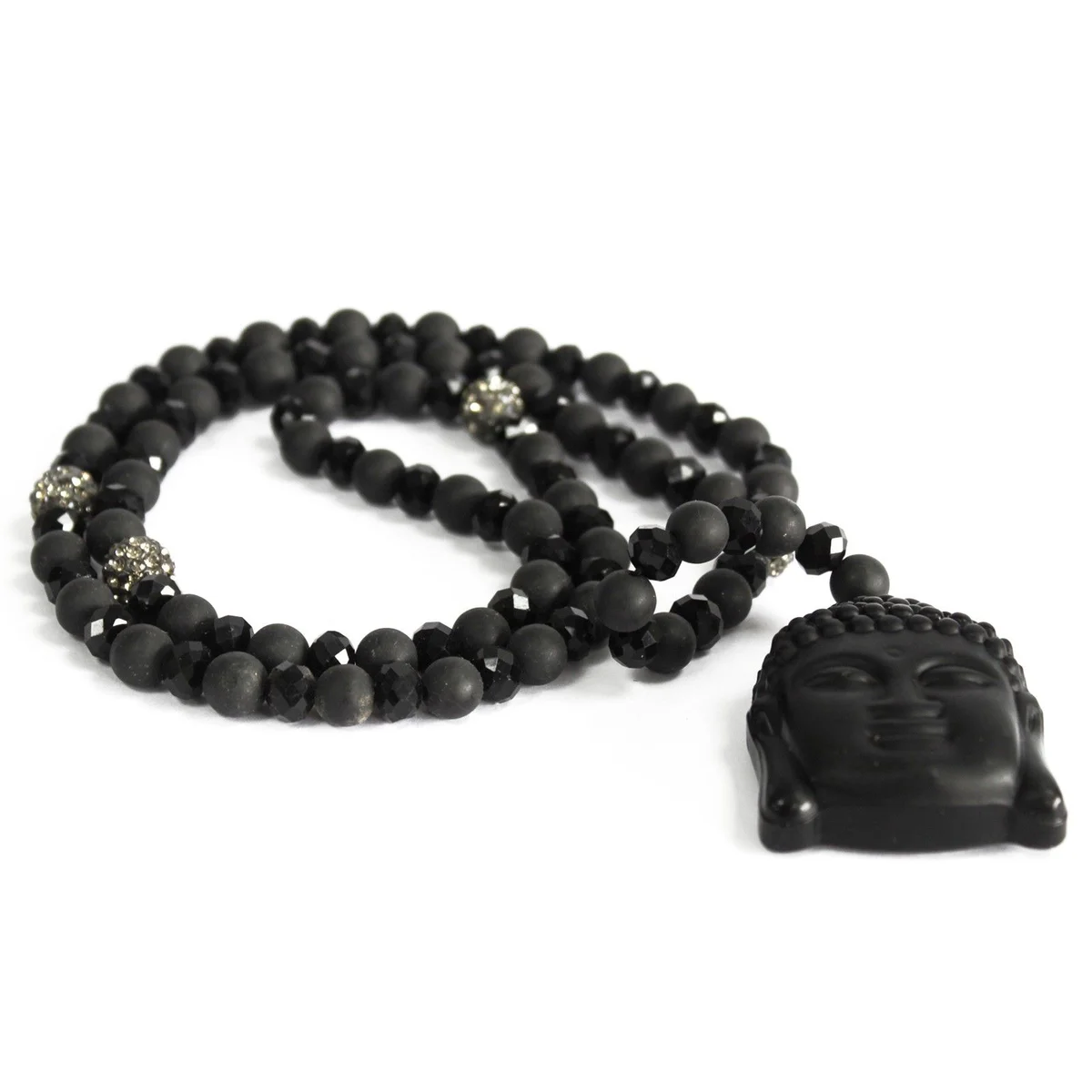 Buddha gemstone necklace with black stone pendant.