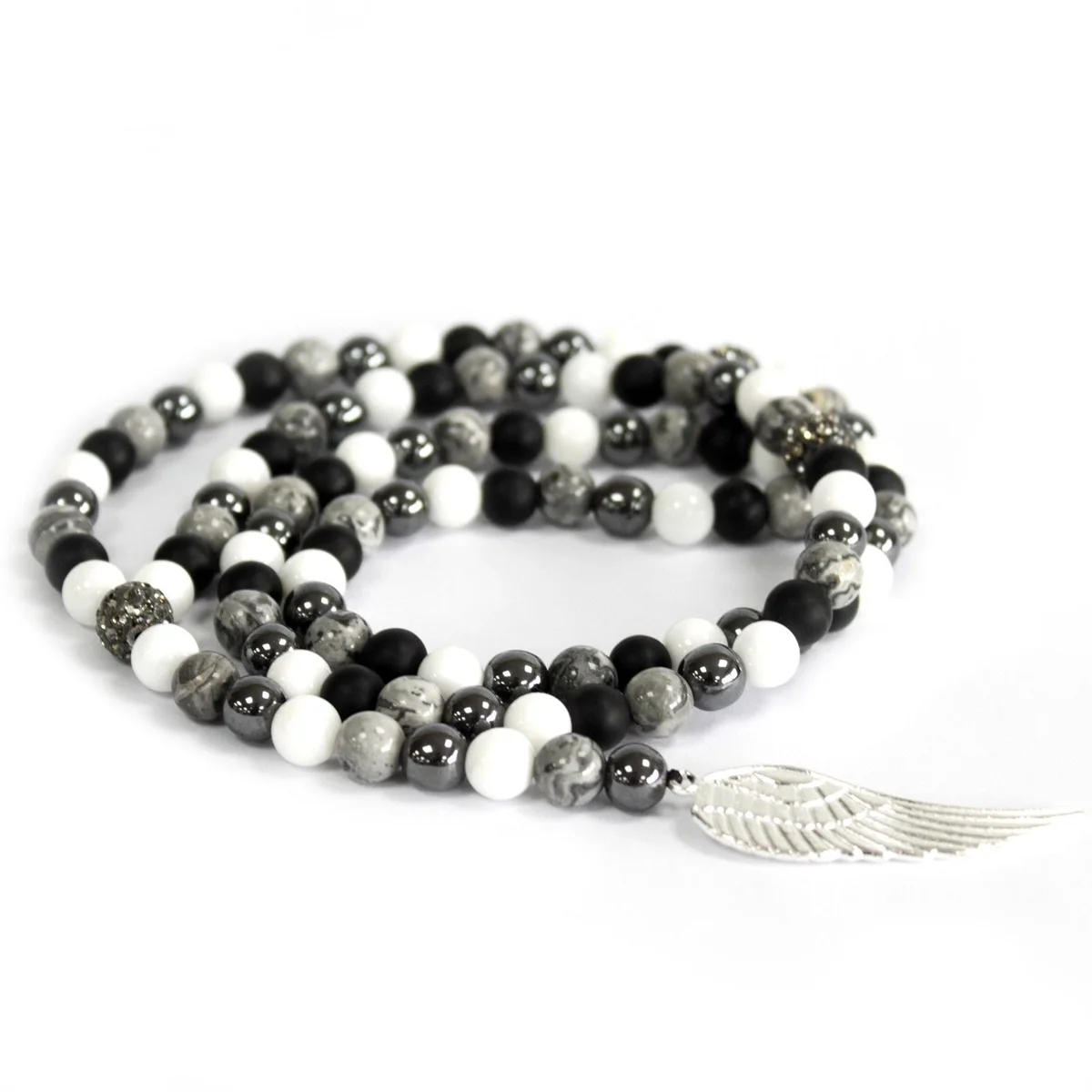 Grey agate necklace featuring an angel wing pendant.
