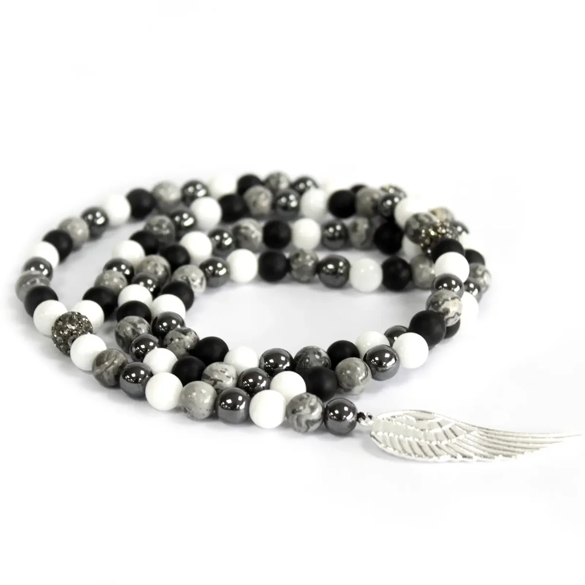 Elegant angel wing necklace featuring grey agate gemstone locket on delicate chain.