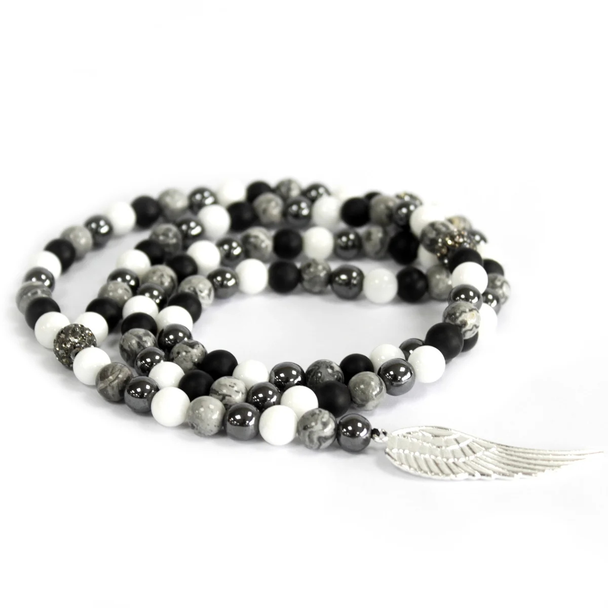 Angel wing pendant with grey agate stone displayed as a grey agate necklace