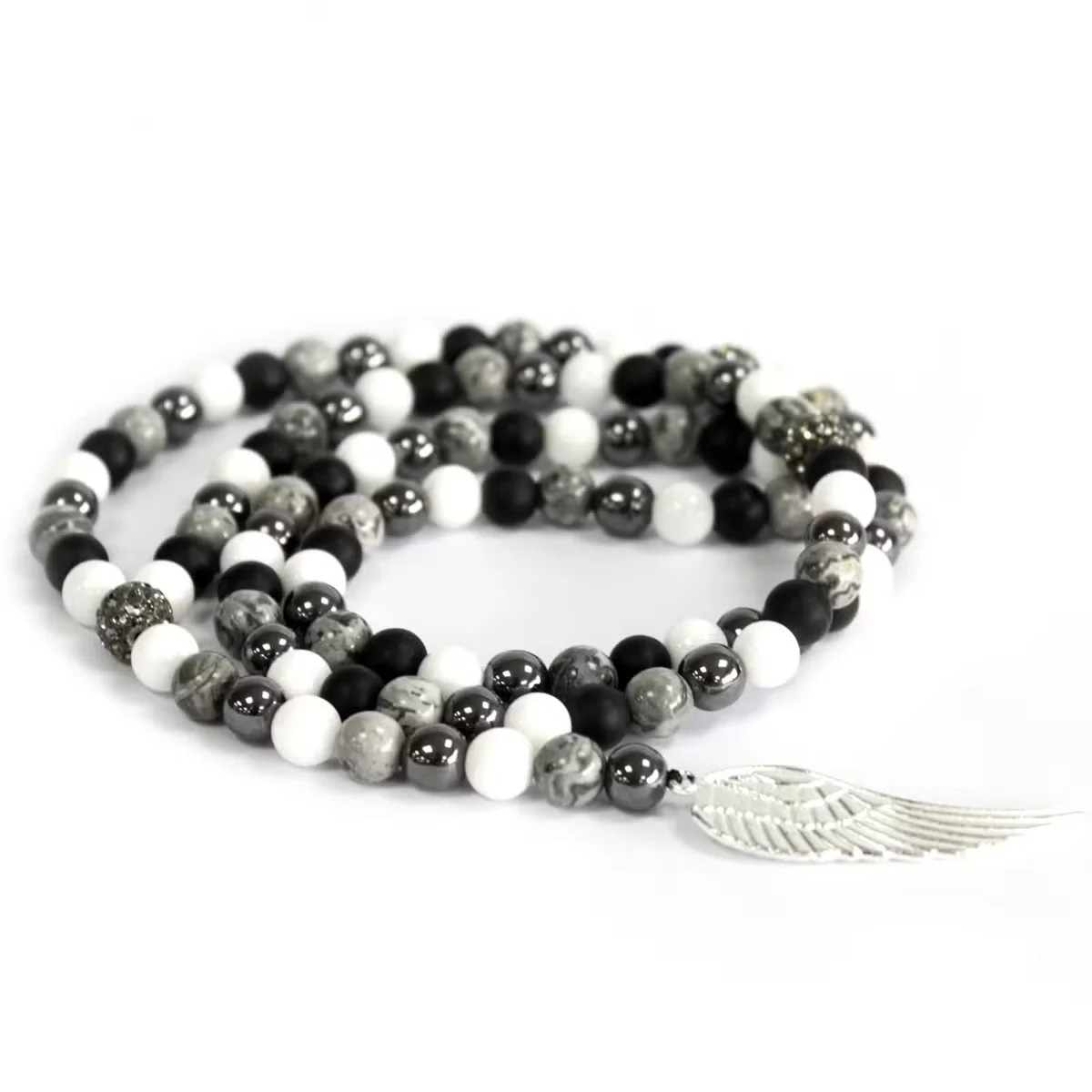 Angel wing grey agate gemstone necklace on slender chain.