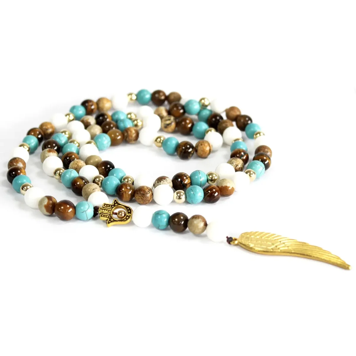 Angel wing and multi-bead charms on a gemstone necklace.