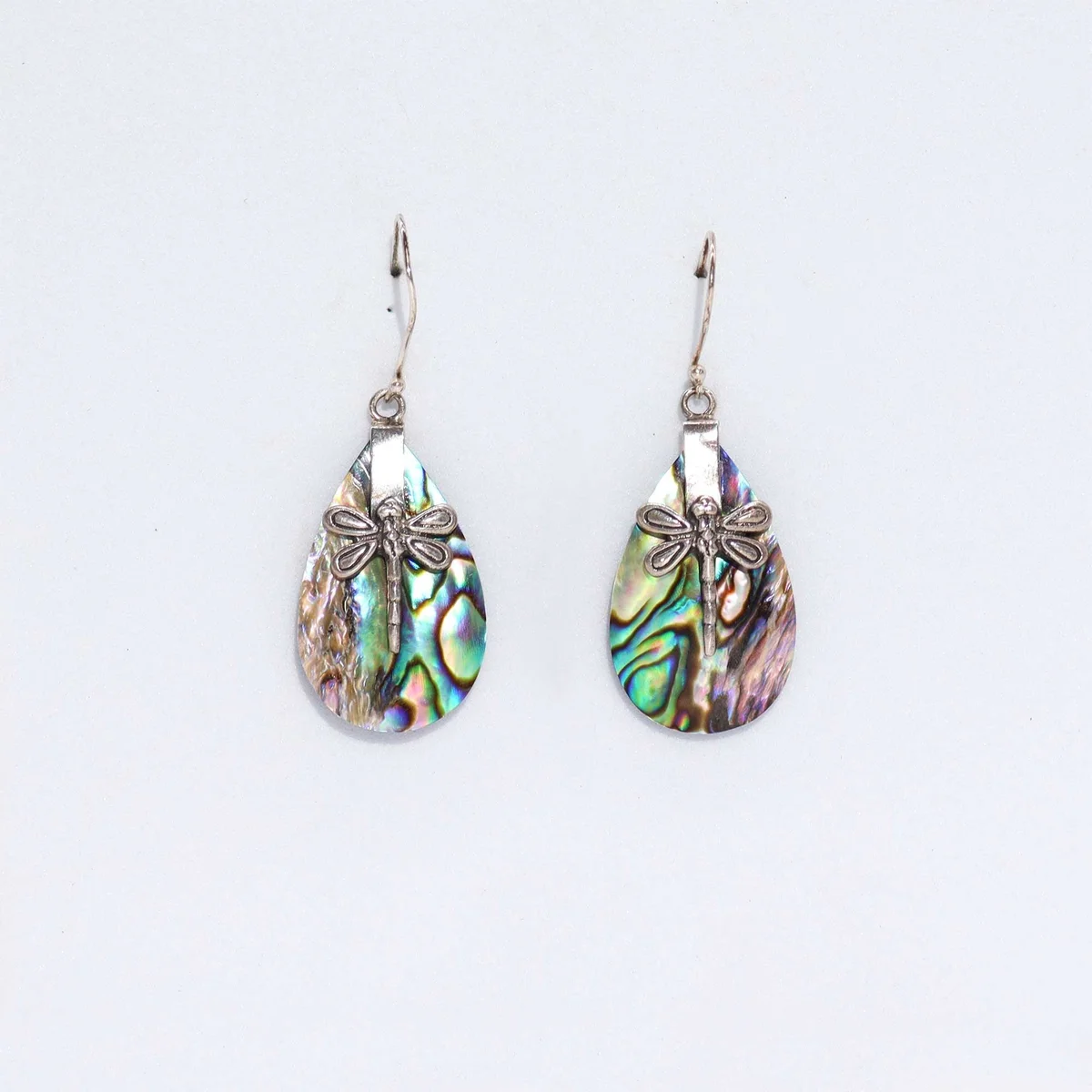 Dragonfly shell earrings made with abalone shell and silver accents