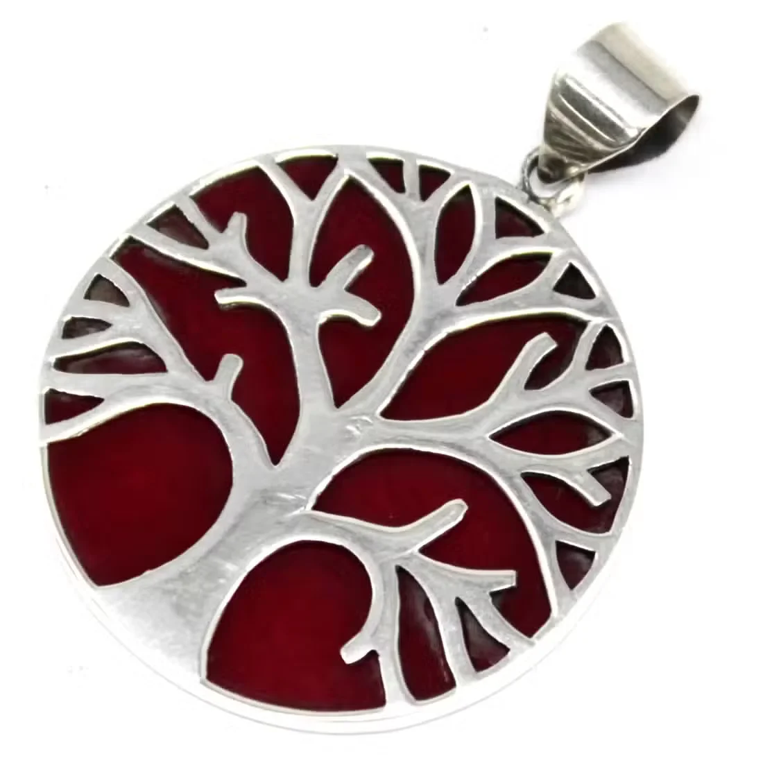 Coral effect pendant featuring a 30 mm silver Tree of Life design.