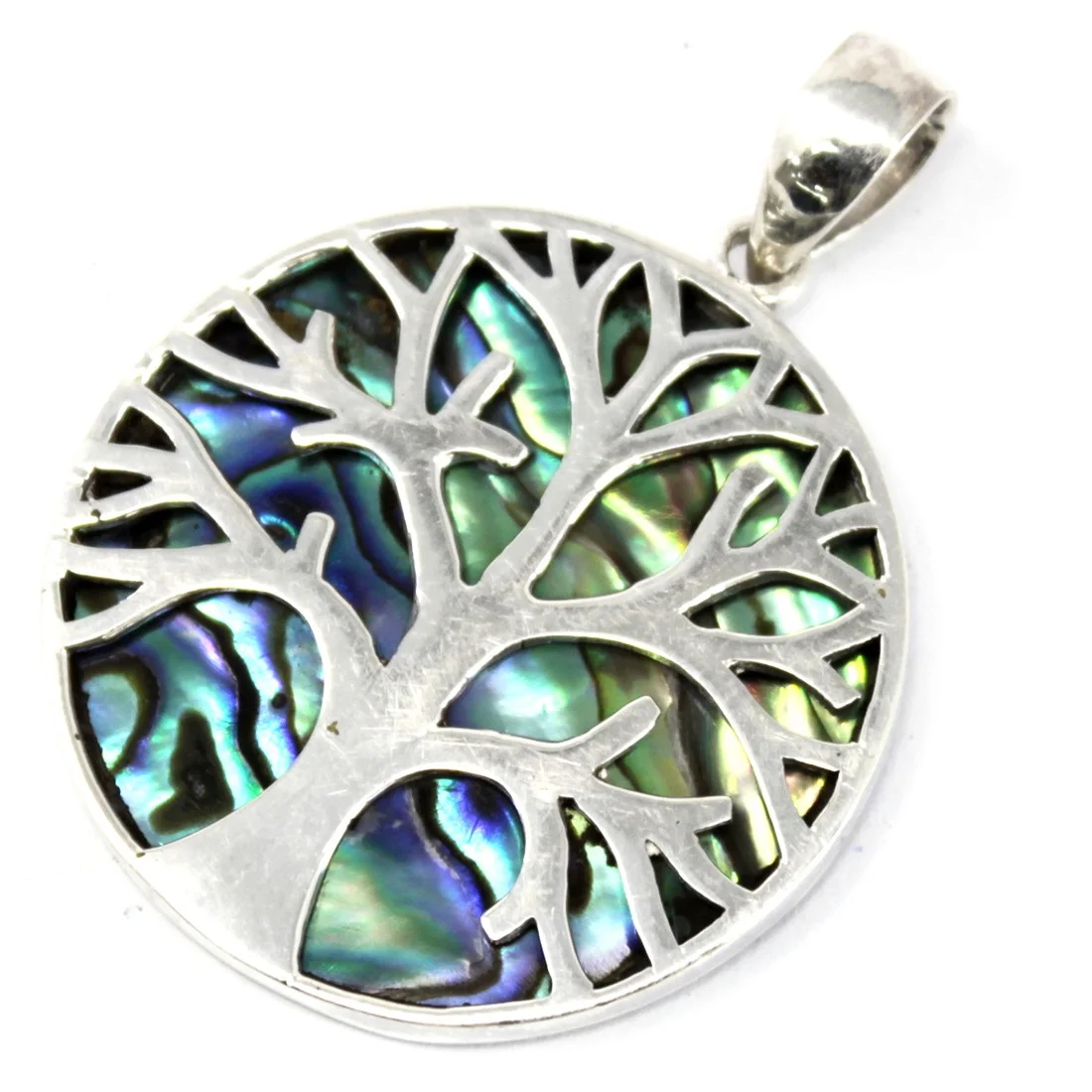 30mm silver pendant featuring a polished abalone tree of life design.