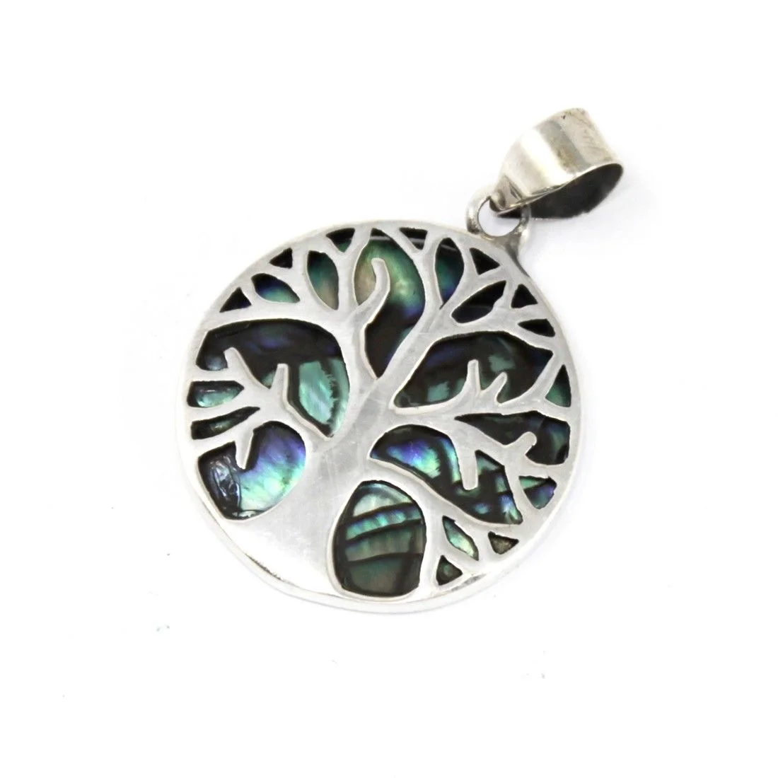 Silver tree of life pendant with abalone detail, 22mm diameter, silver finish