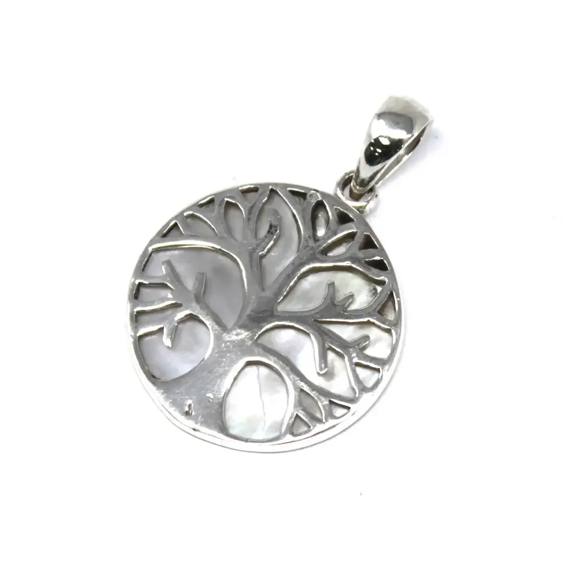 Silver tree of life pendant with a mother of pearl centre, 22mm diameter, ornamental design.