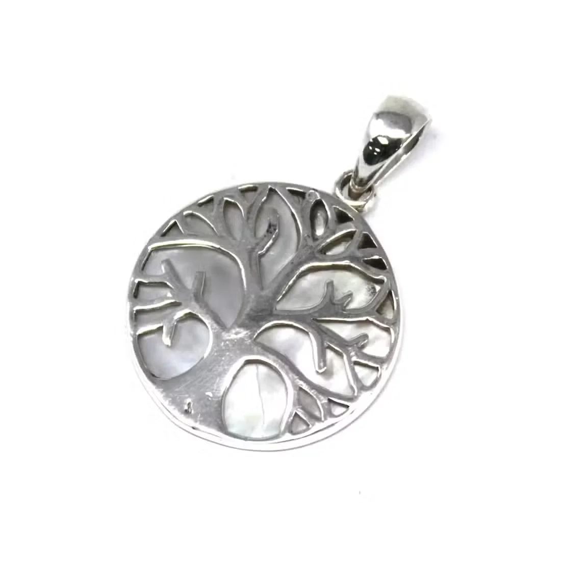 Silver tree of life pendant featuring a mother of pearl centre, 22mm in diameter.