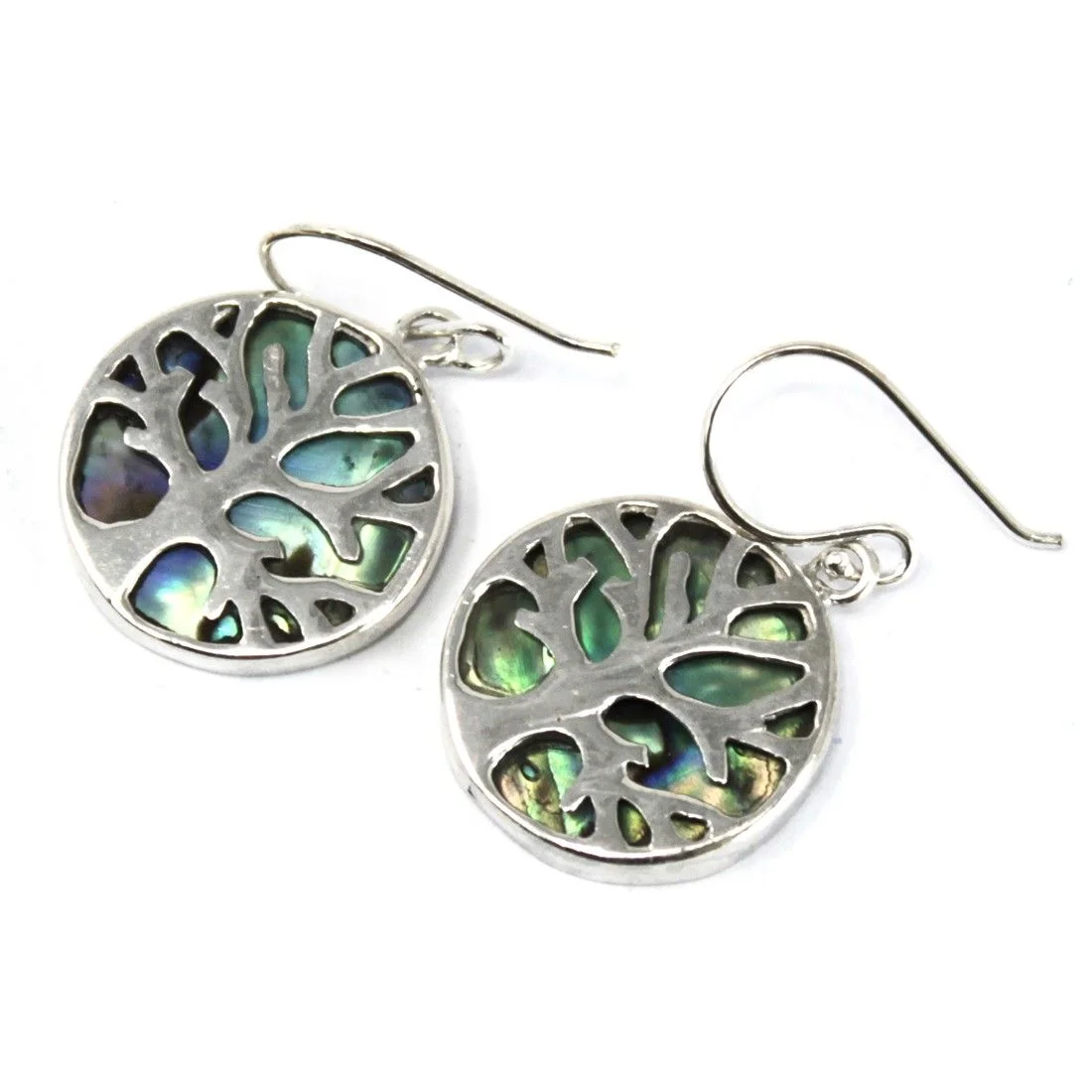 Silver tree of life earrings featuring a 15mm abalone shape.