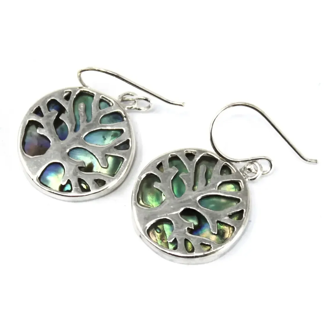 Silver 15mm abalone tree of life earrings hanging from delicate hooks