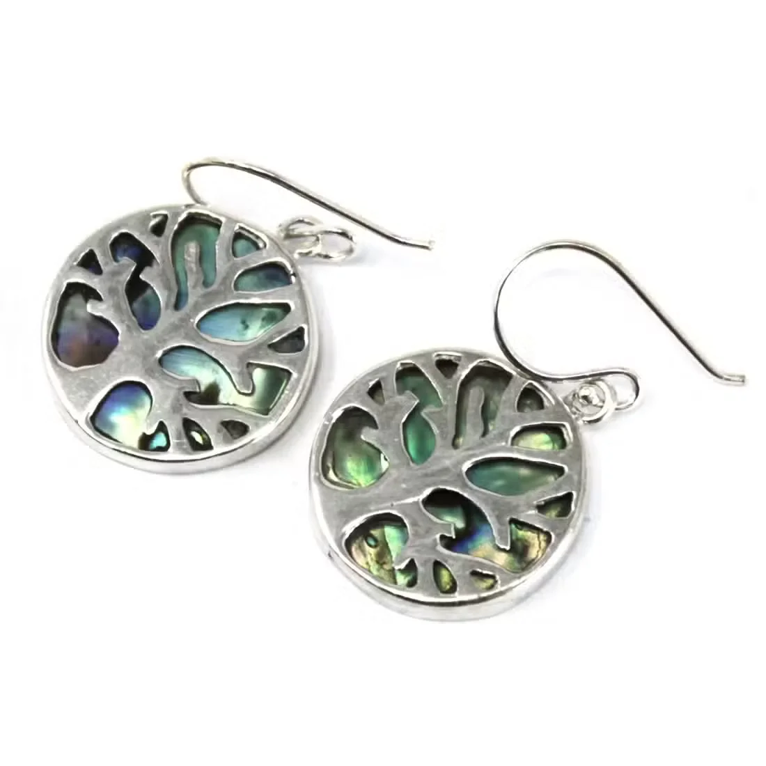 15mm silver earrings showcasing a tree of life design in abalone silver.