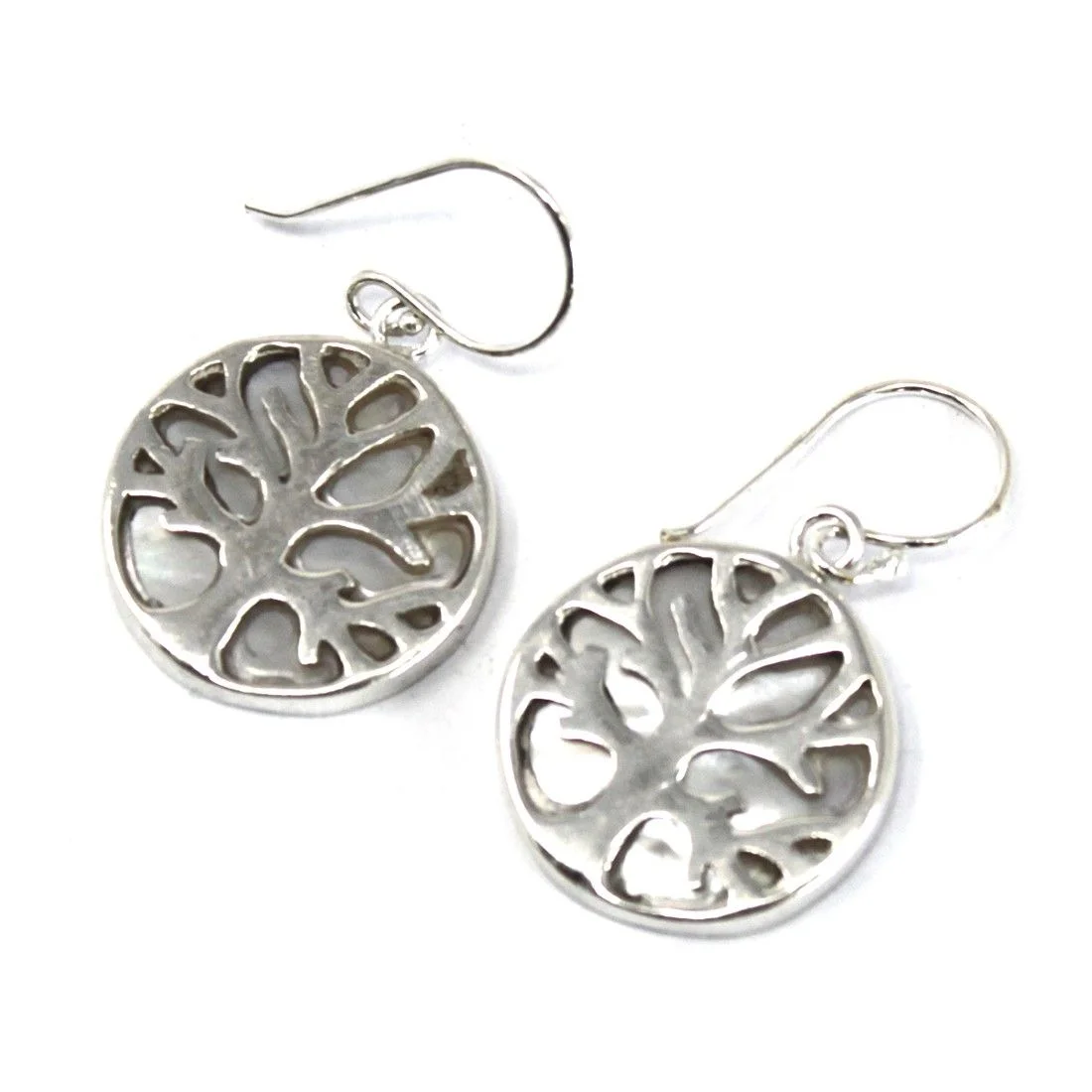 silver tree of life earrings featuring a mother of pearl inlay on delicate 15mm links