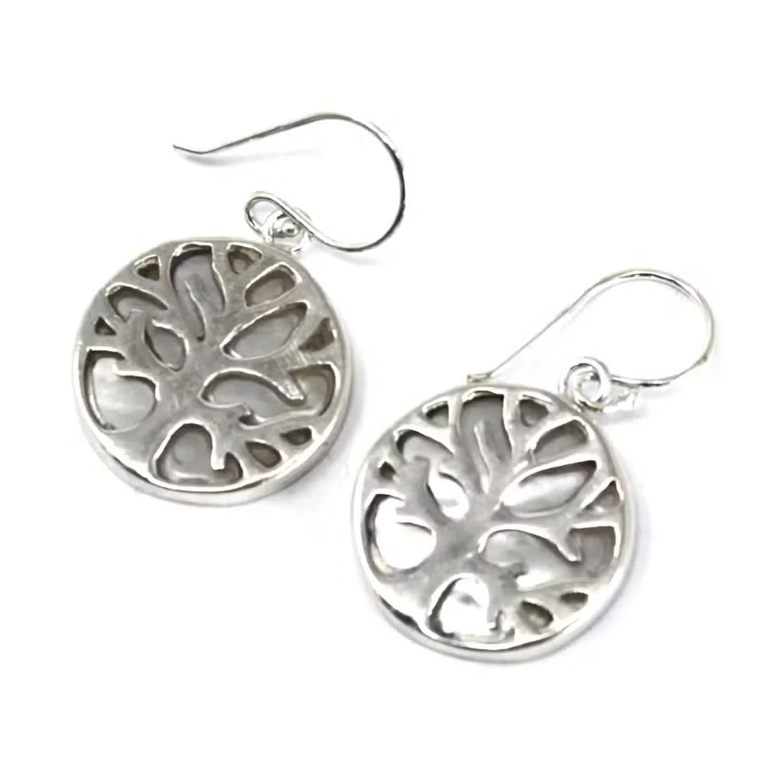 Silvers tree of life jewellery earrings with mother pearl accents, 15mm circles.