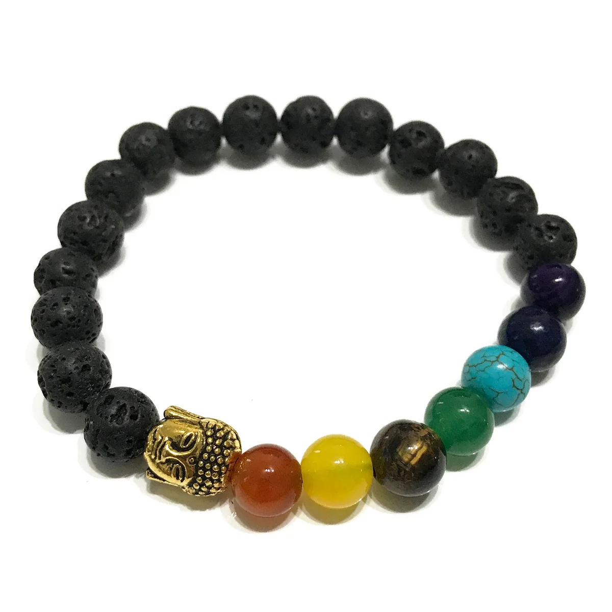 Lava stone chakra bracelet displayed on flat background