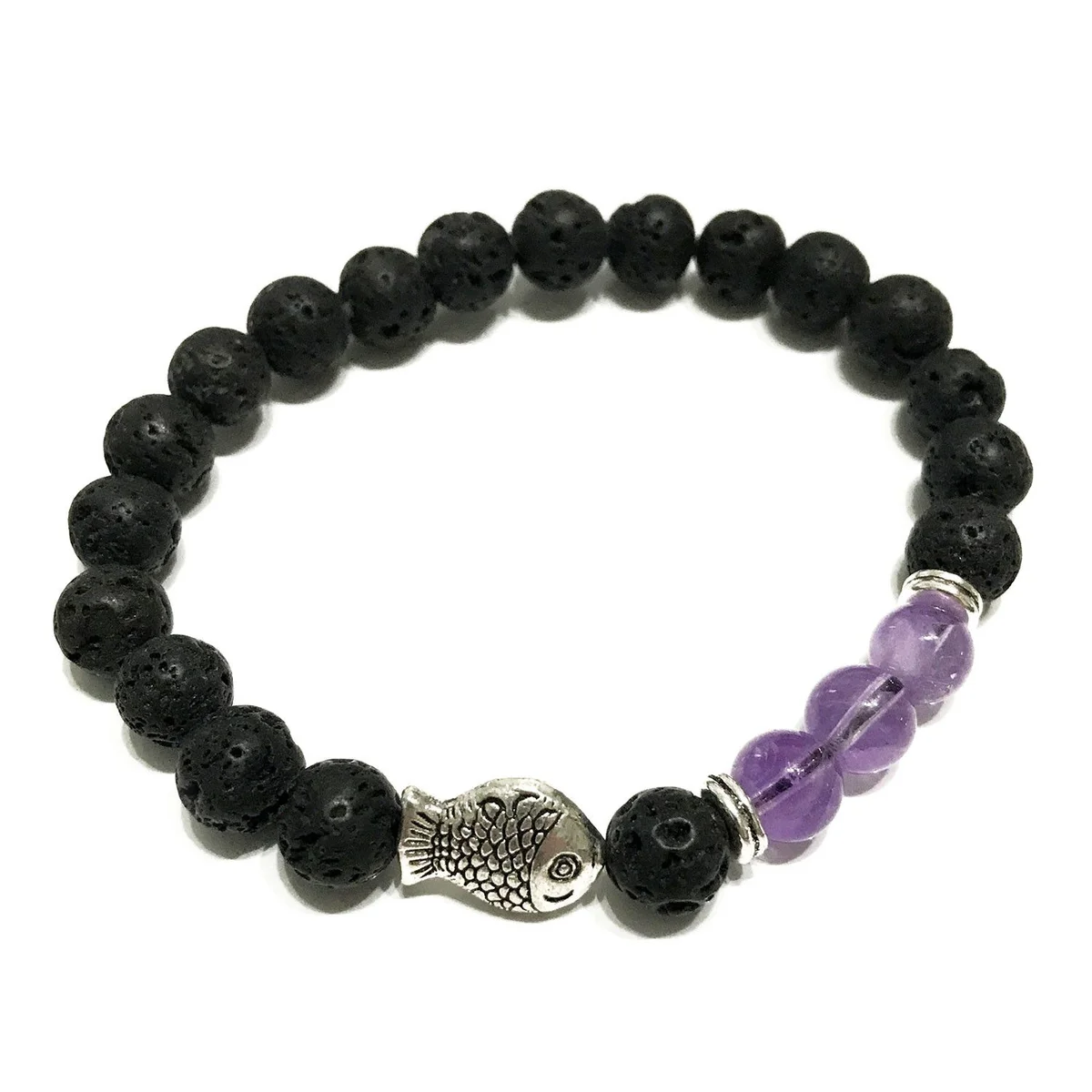 Lava stone bracelet with a fish-shaped amethyst stone.