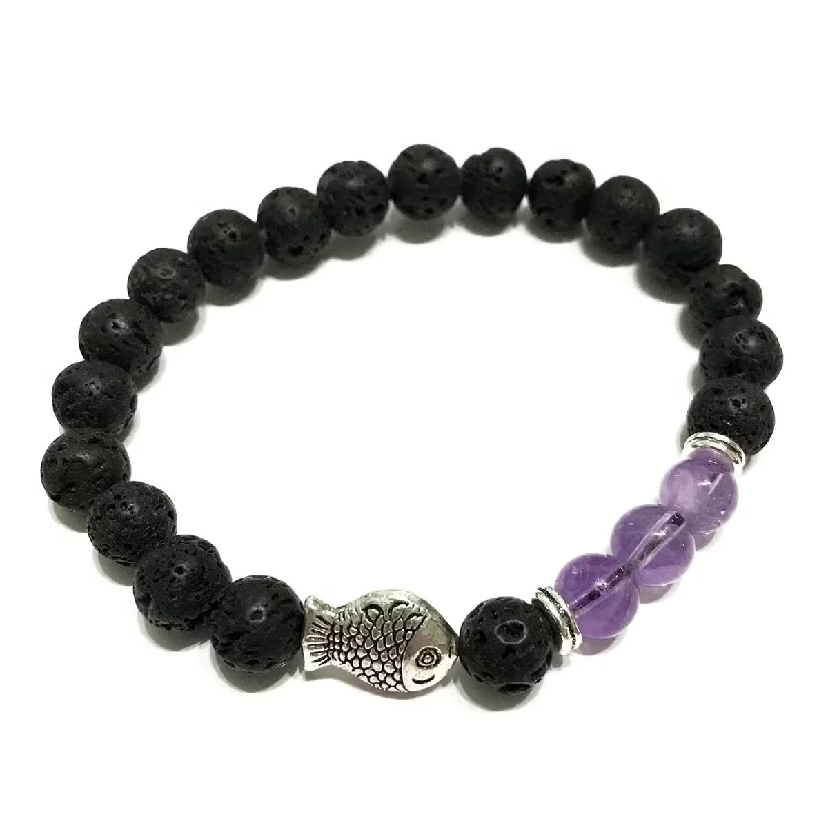 Amethyst bracelet showing fish‑shaped amethyst stones set on a lava stone background.
