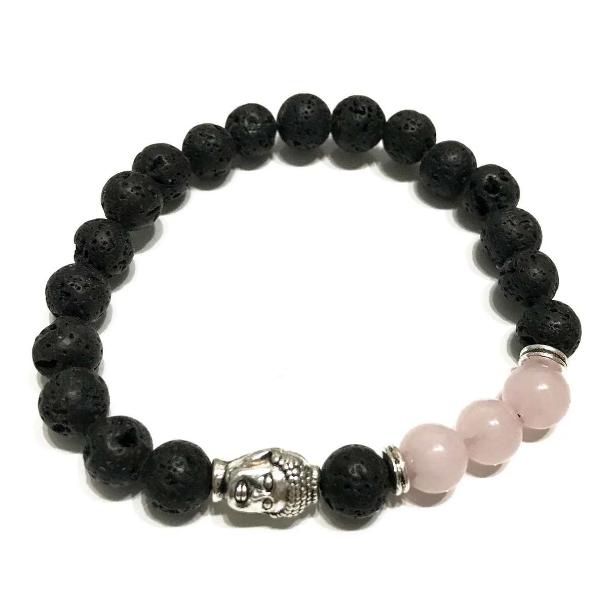 Lava stone bracelet with Buddha charm and rose quartz bead.