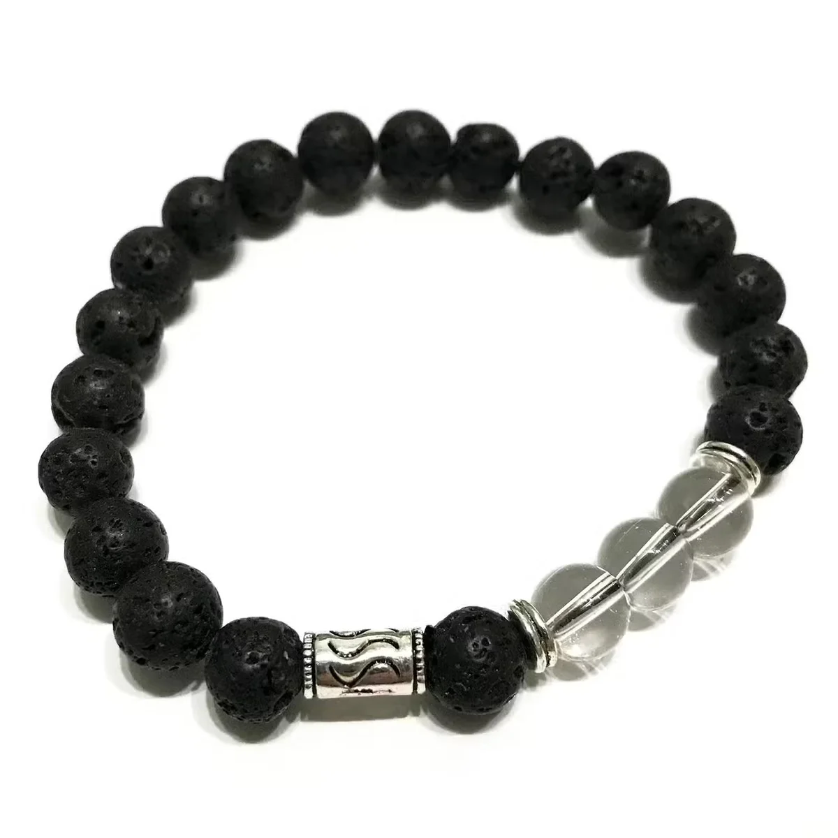 Tribal rock quartz lava stone bracelet shown on a hand, highlighting earthy tones, lava stone jewellery