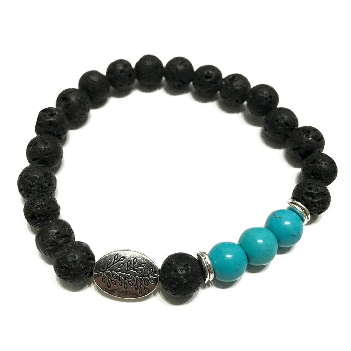 Turquoise bracelet made of lava stone with leaf patterned design