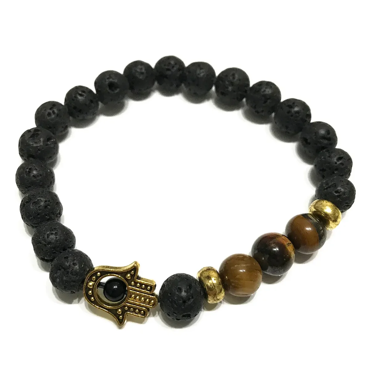 Lava stone tiger eye bracelet with a Hamsa pendant.