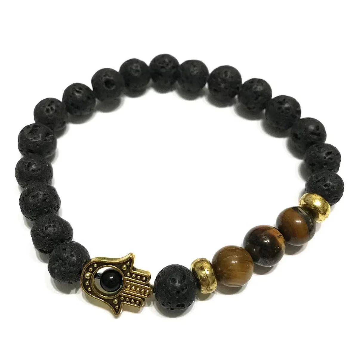 Lava stone bracelet featuring a Hamsa symbol with tiger eye stone, a piece of stone jewellery