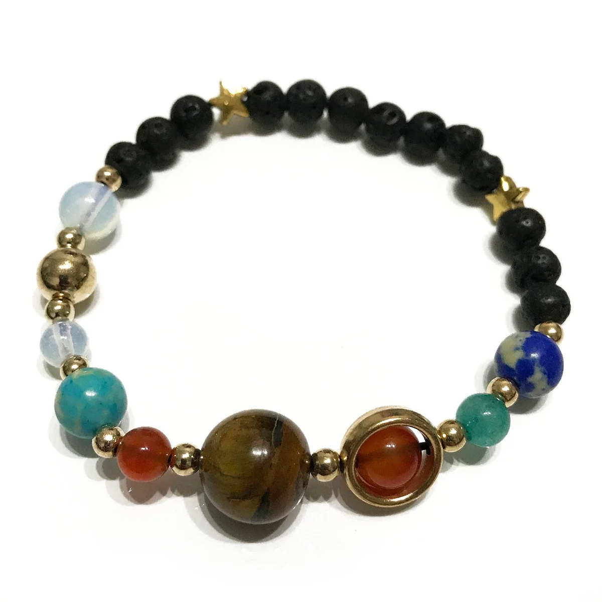 Gold solar system pattern on a lava stone bracelet