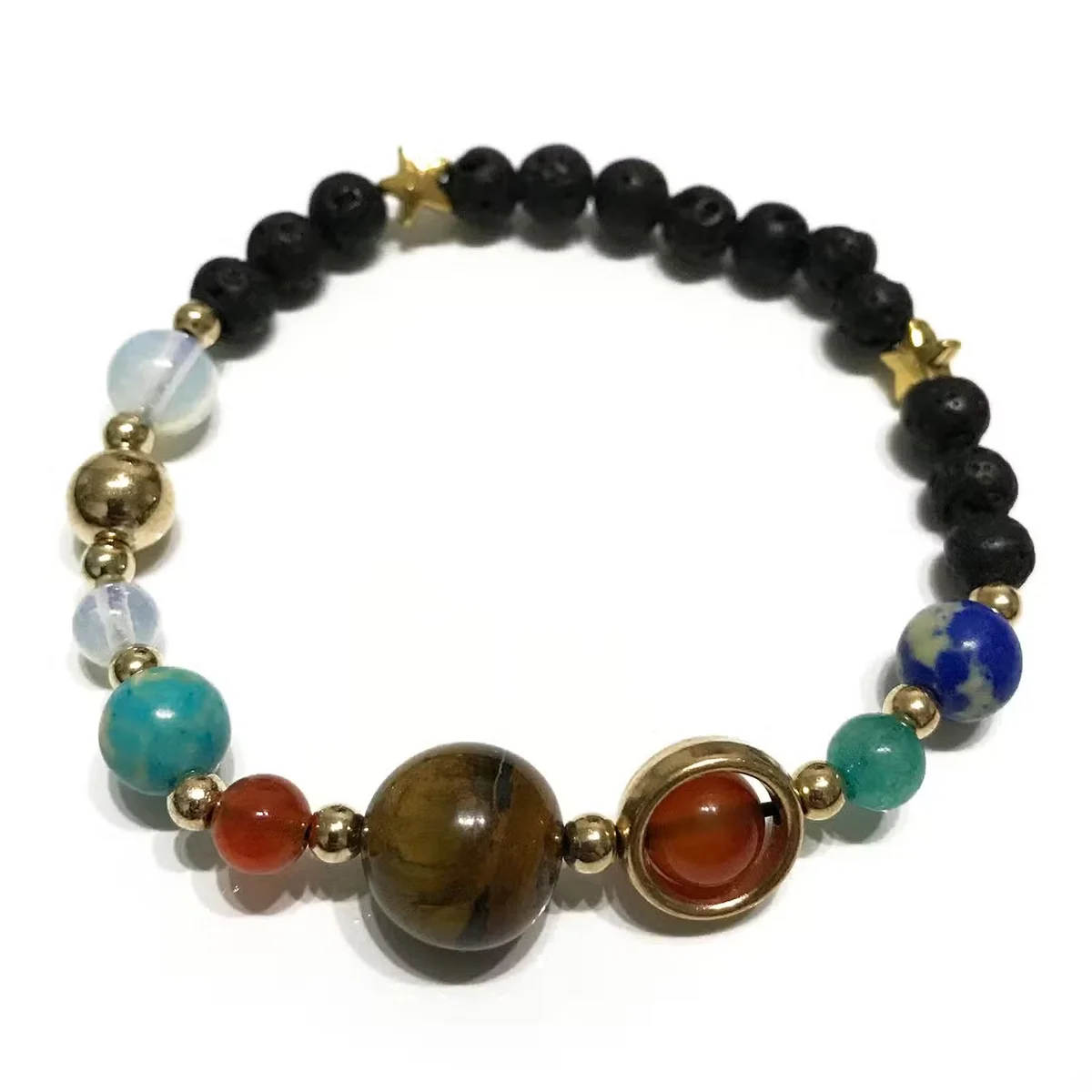 Gold solar system lava stone bracelet, a lava stone jewellery piece with planetary design