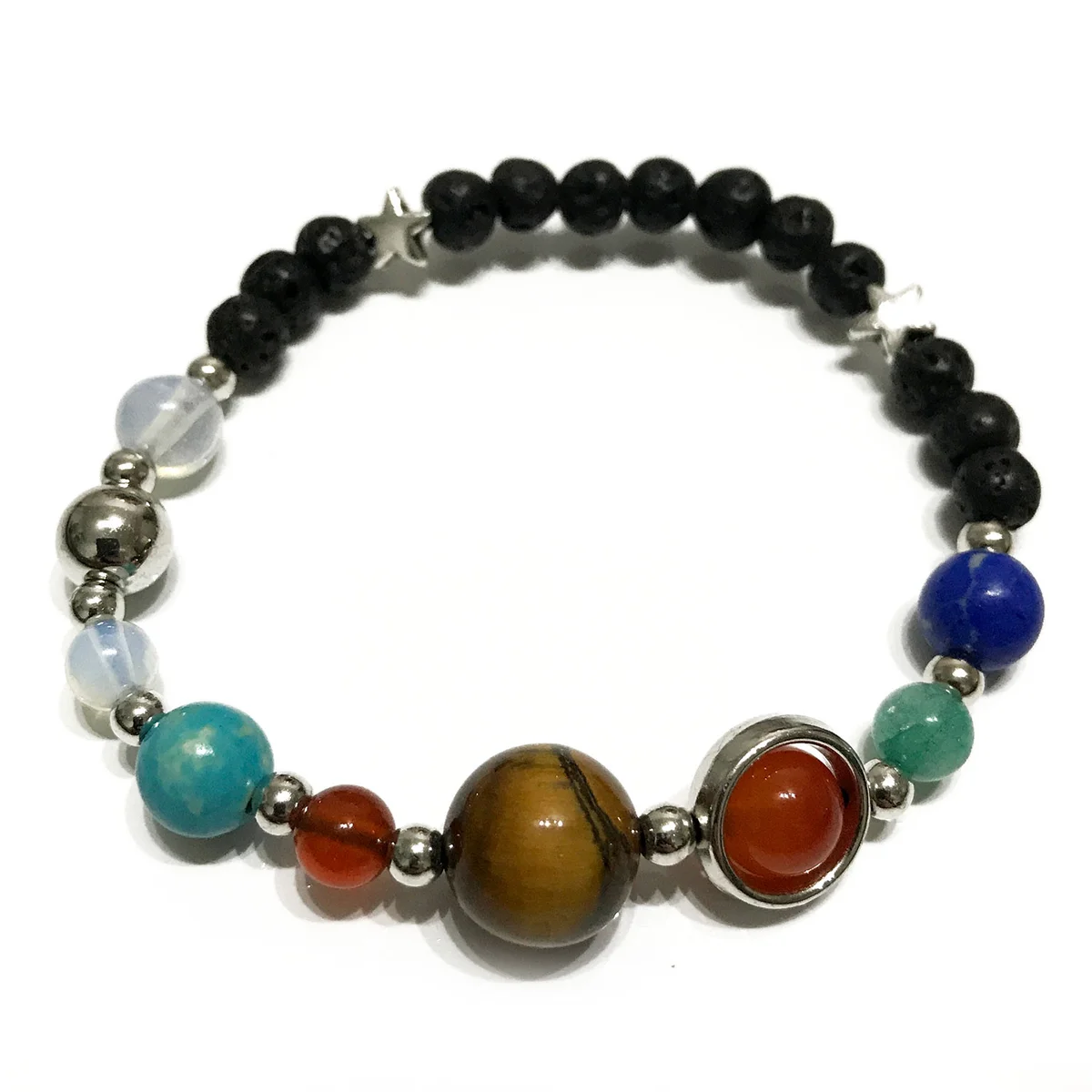 Silver solar system bracelet featuring lava stone beads, stylish and eye‑catching.