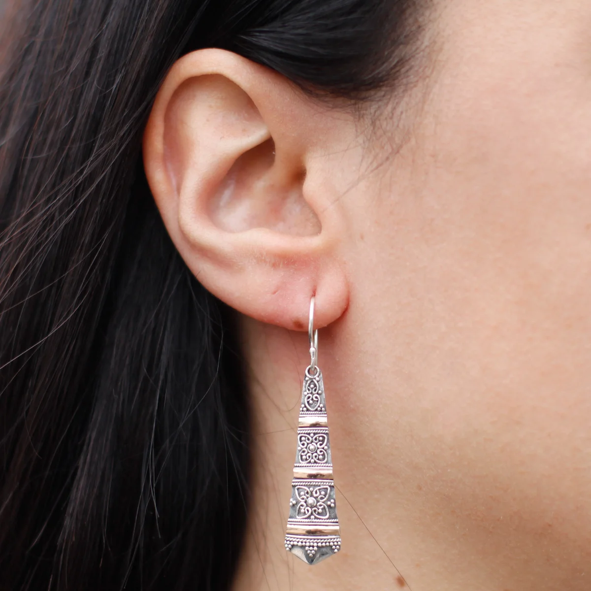Silver and gold tribal drop gold earrings