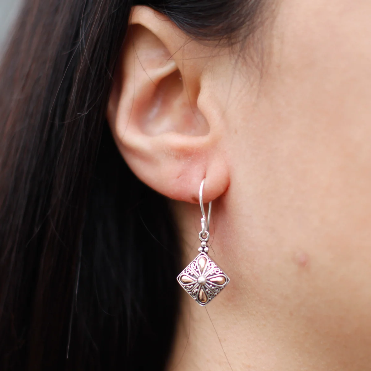 Silver and gold square drop silver drop earrings displayed on a white background, showing front and side views