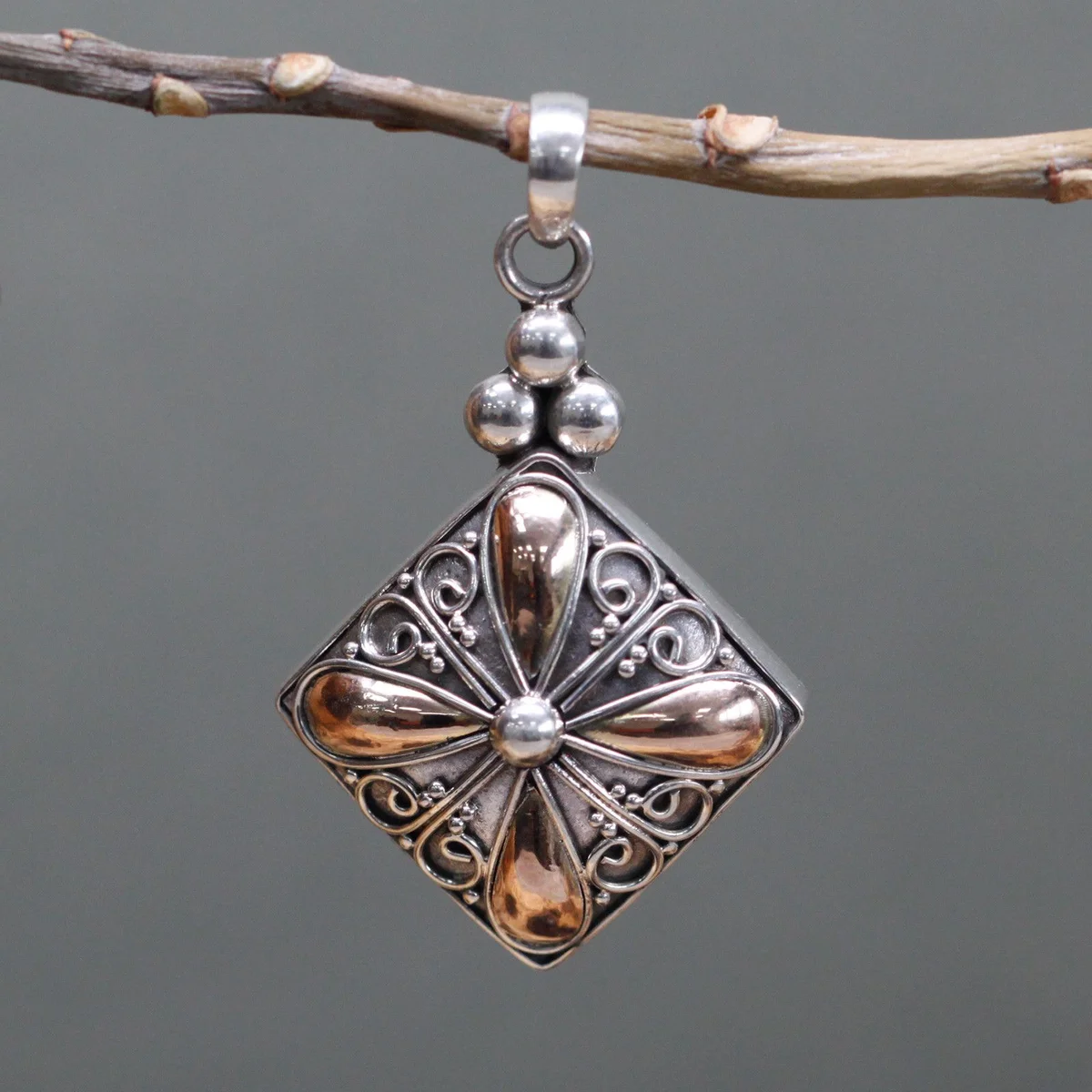 Silver gold pendant with square drop shape on chain