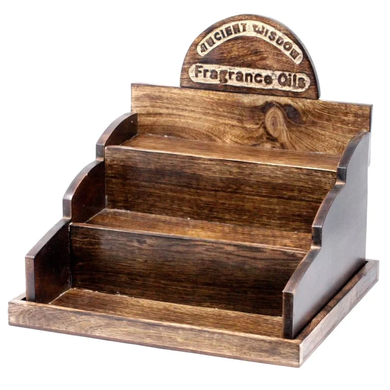 Mango wood stand for essential oils, displaying a clean, natural finish and simple design