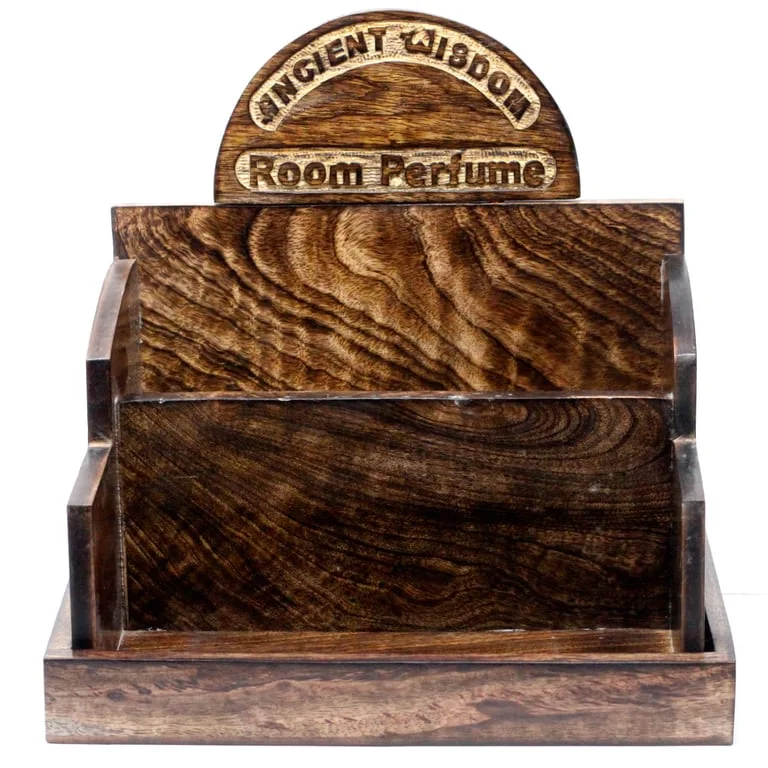 Mango wood wooden perfume display stand showcasing elegant design and potential perfume bottles.