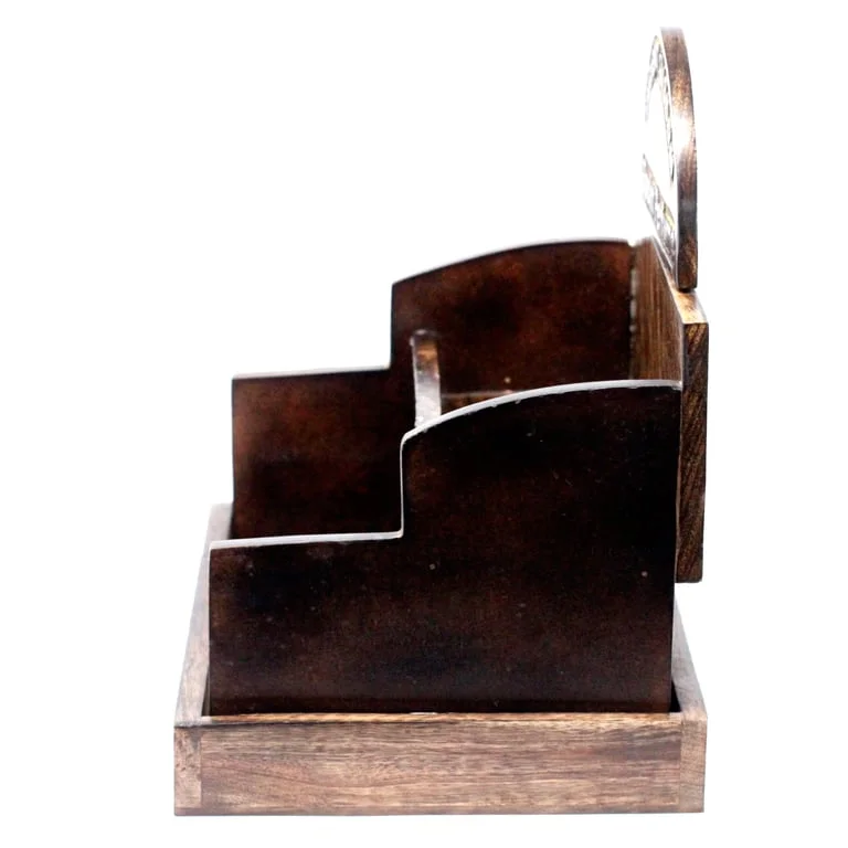 Mango wood stand featuring room perfume bottles in a minimalist wooden display.