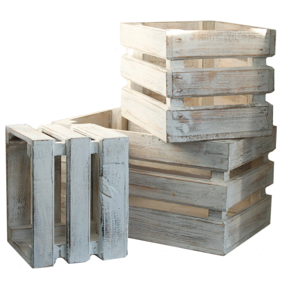 Set of three whitewash wooden crates stacked on a plain background