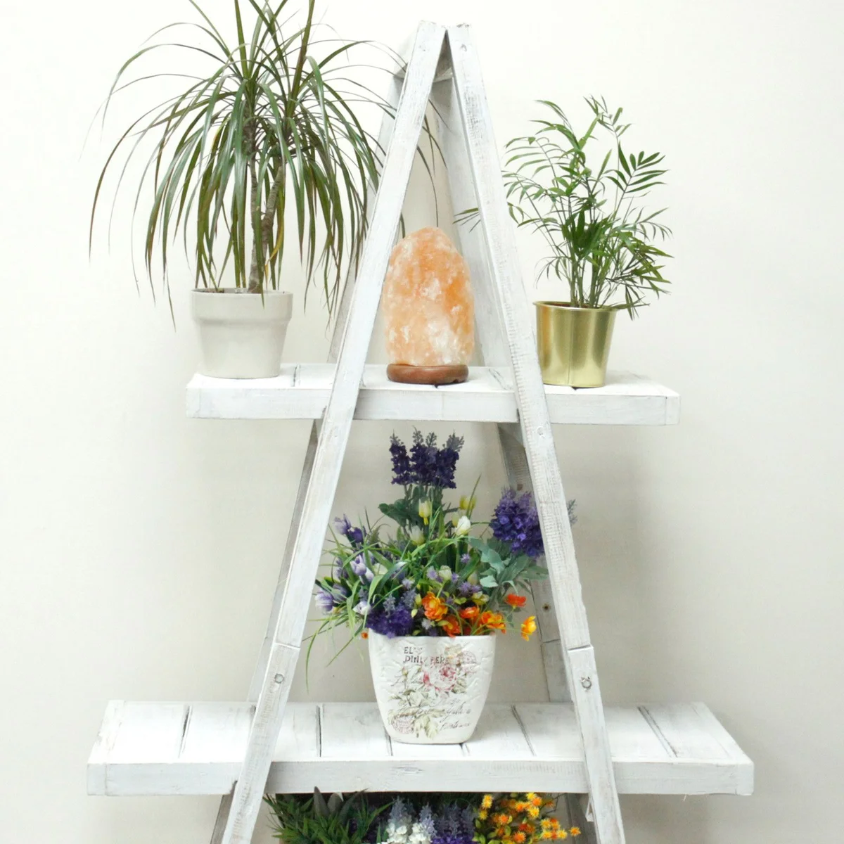 Whitewashed folding wooden A‑frame shelf