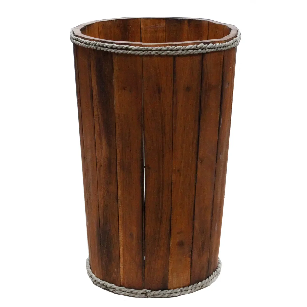 Large wooden tub in a brown finish, displayed upright as a storage container.