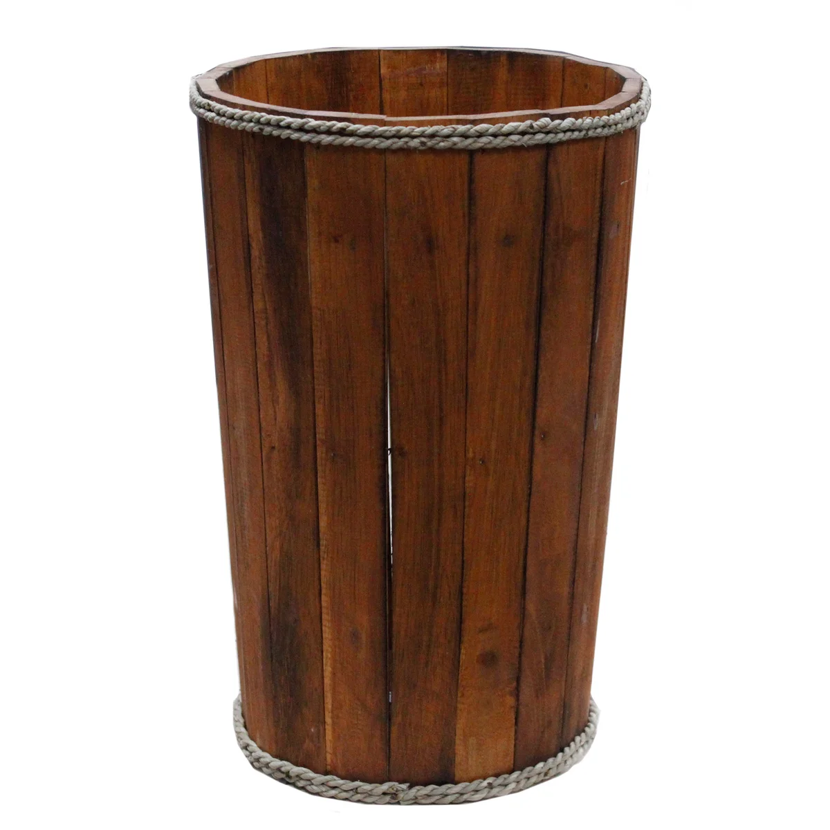 Brown wooden tub with smooth grain, shown upright and ready for storage.