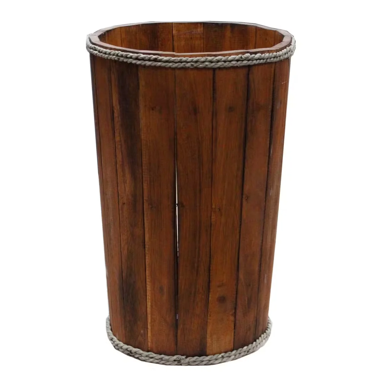 Large brown wooden storage tub with a simple lid and natural wood finish.